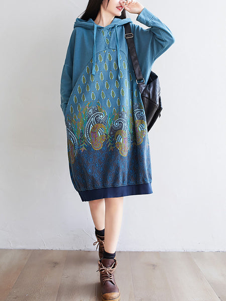 Women Ethnic Autumn Print Hooded Cotton Dress QU023 BK