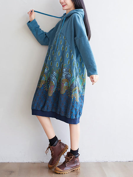 Women Ethnic Autumn Print Hooded Cotton Dress QU023 BK