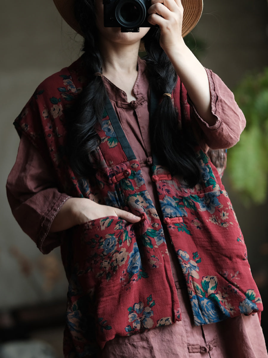 Women Ethnic Autumn Flower V-Neck Cotton Vest QU024 BUYKUD