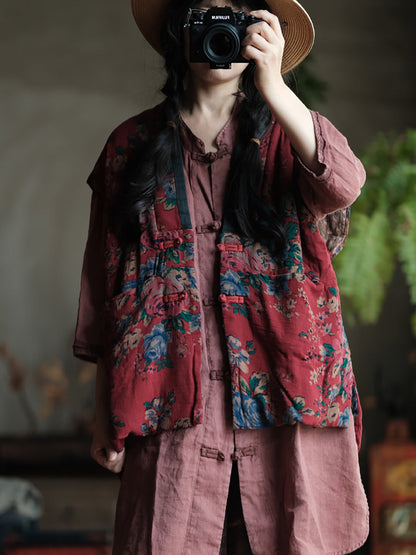 Women Ethnic Autumn Flower V-Neck Cotton Vest QU024 BUYKUD