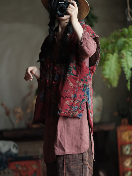 Women Ethnic Autumn Flower V-Neck Cotton Vest QU024 BUYKUD