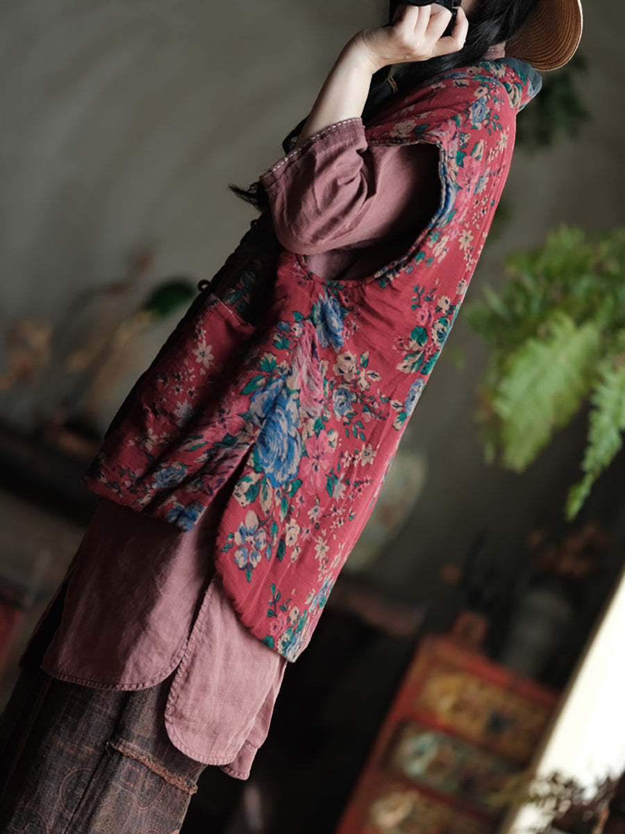Women Ethnic Autumn Flower V-Neck Cotton Vest QU024 BUYKUD