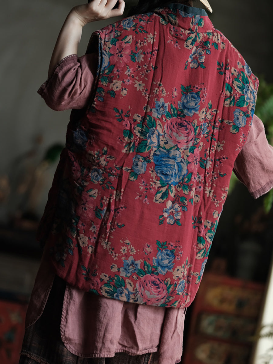 Women Ethnic Autumn Flower V-Neck Cotton Vest QU024 BUYKUD