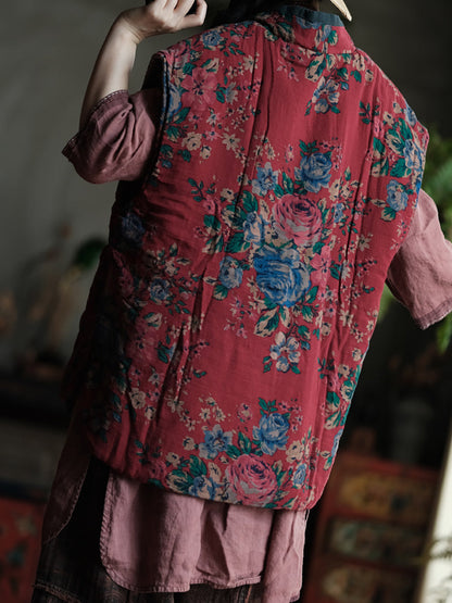 Women Ethnic Autumn Flower V-Neck Cotton Vest QU024 BUYKUD