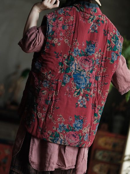 Women Ethnic Autumn Flower V-Neck Cotton Vest QU024 BUYKUD