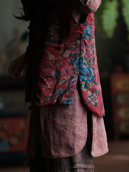 Women Ethnic Autumn Flower V-Neck Cotton Vest QU024 BUYKUD