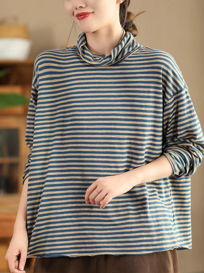 Women Autumn Casual Stripe Turtleneck Cotton Blouse QU029 BK