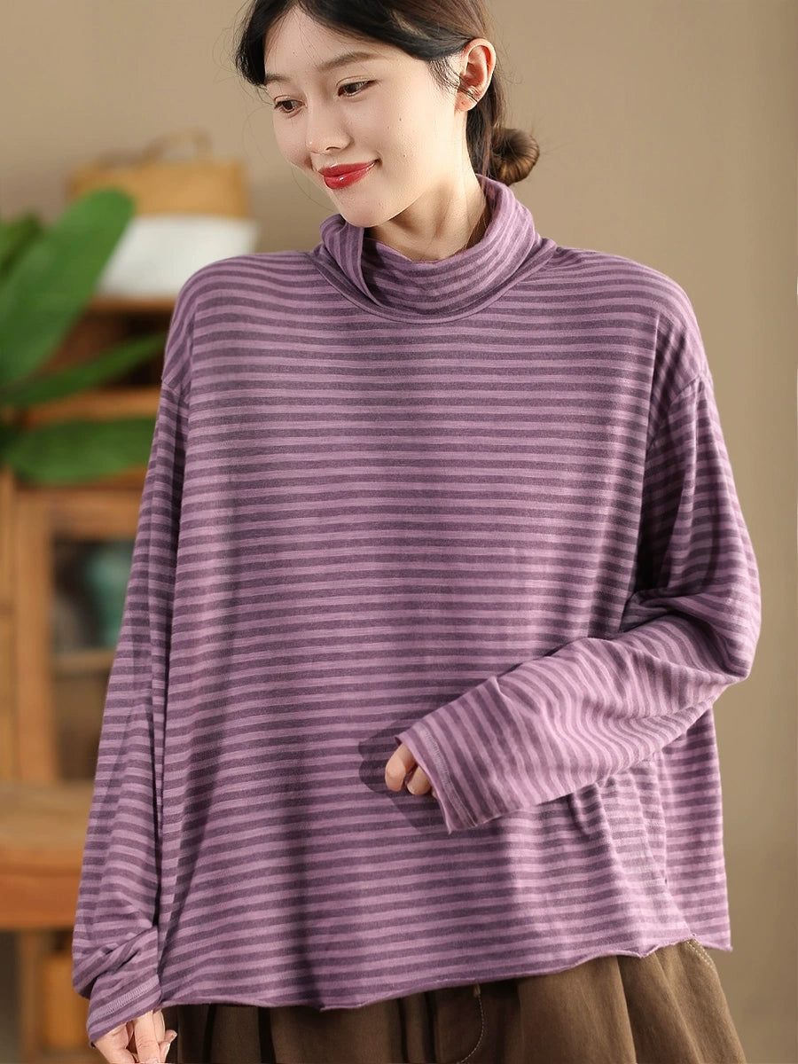 Women Autumn Casual Stripe Turtleneck Cotton Blouse QU029 BK