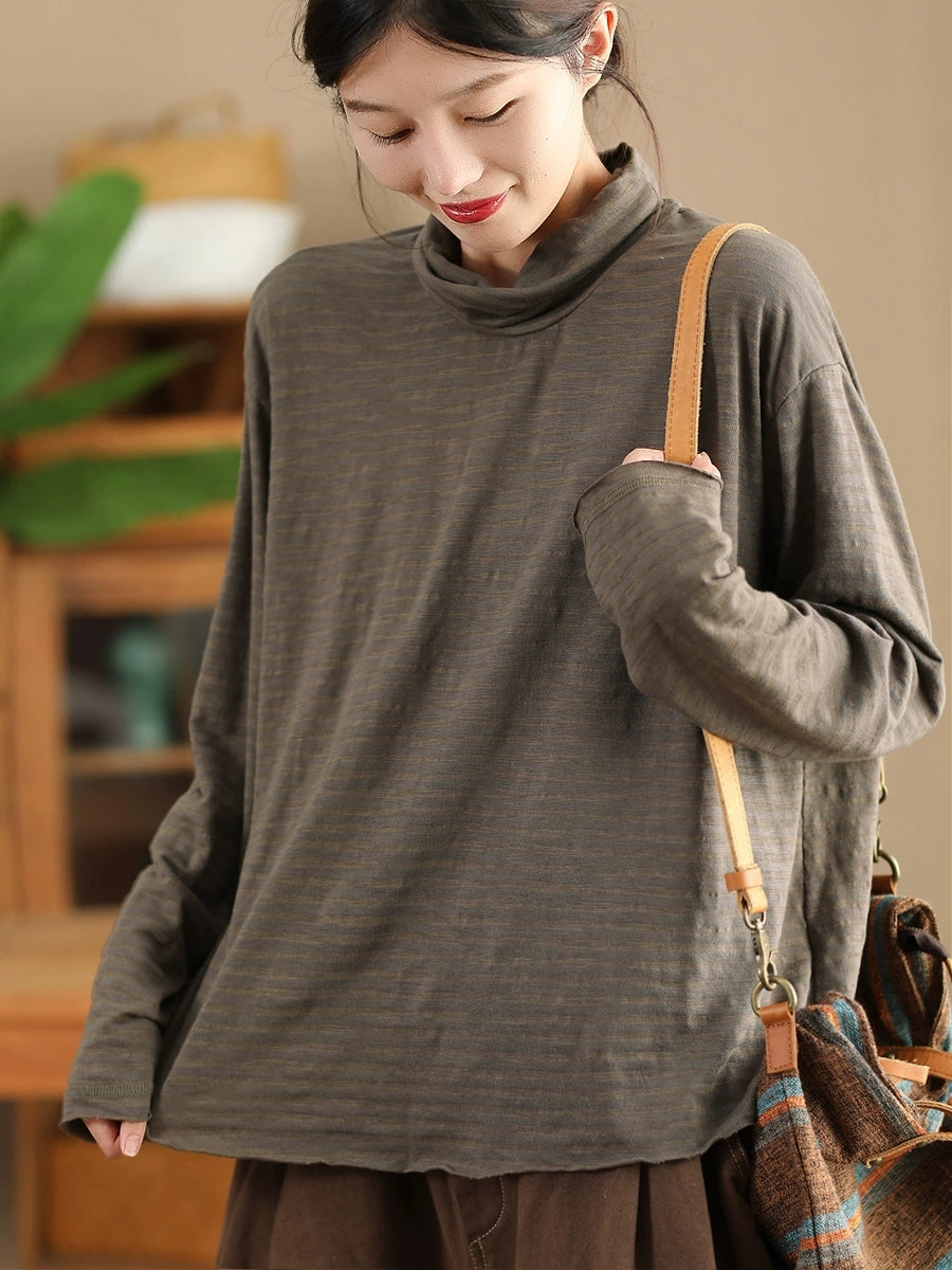 Women Autumn Casual Stripe Turtleneck Cotton Blouse QU029 BK