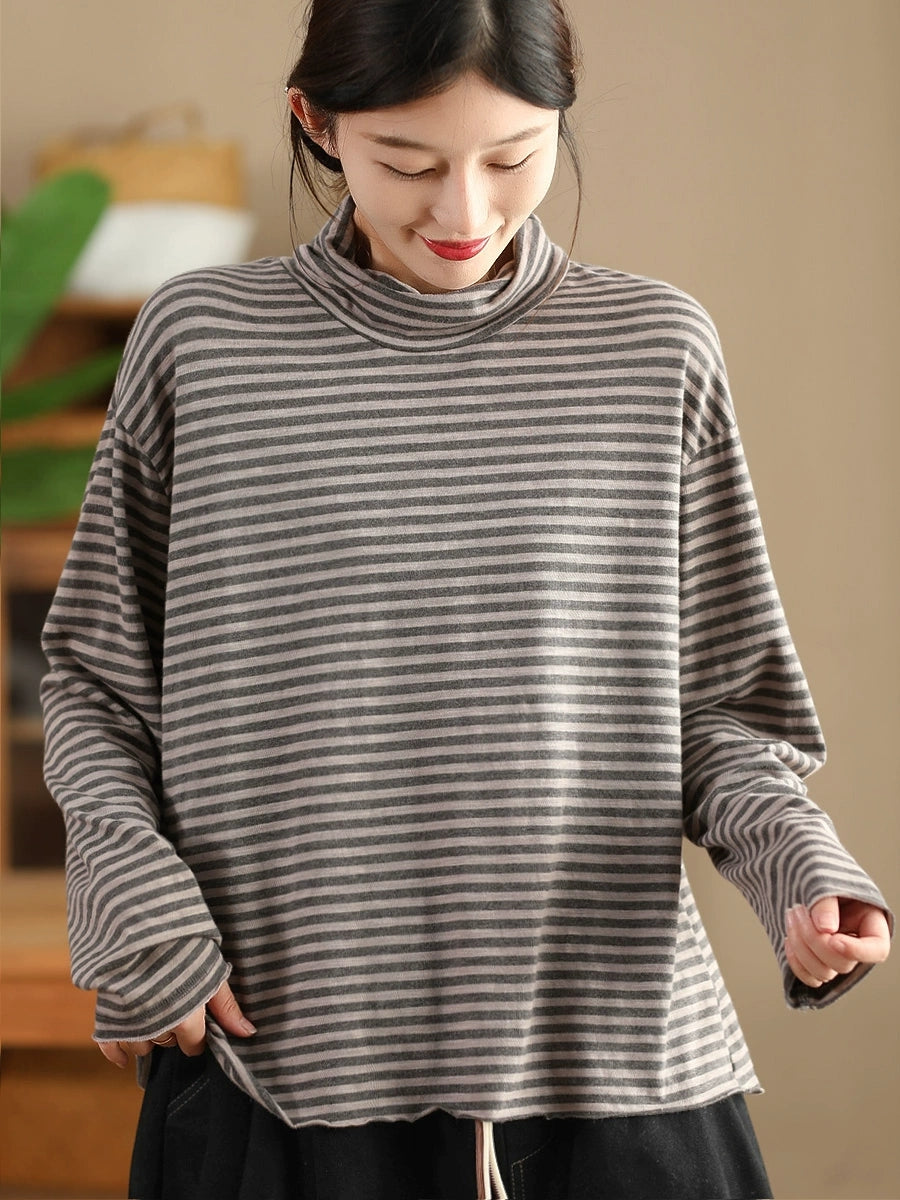 Women Autumn Casual Stripe Turtleneck Cotton Blouse QU029 BK