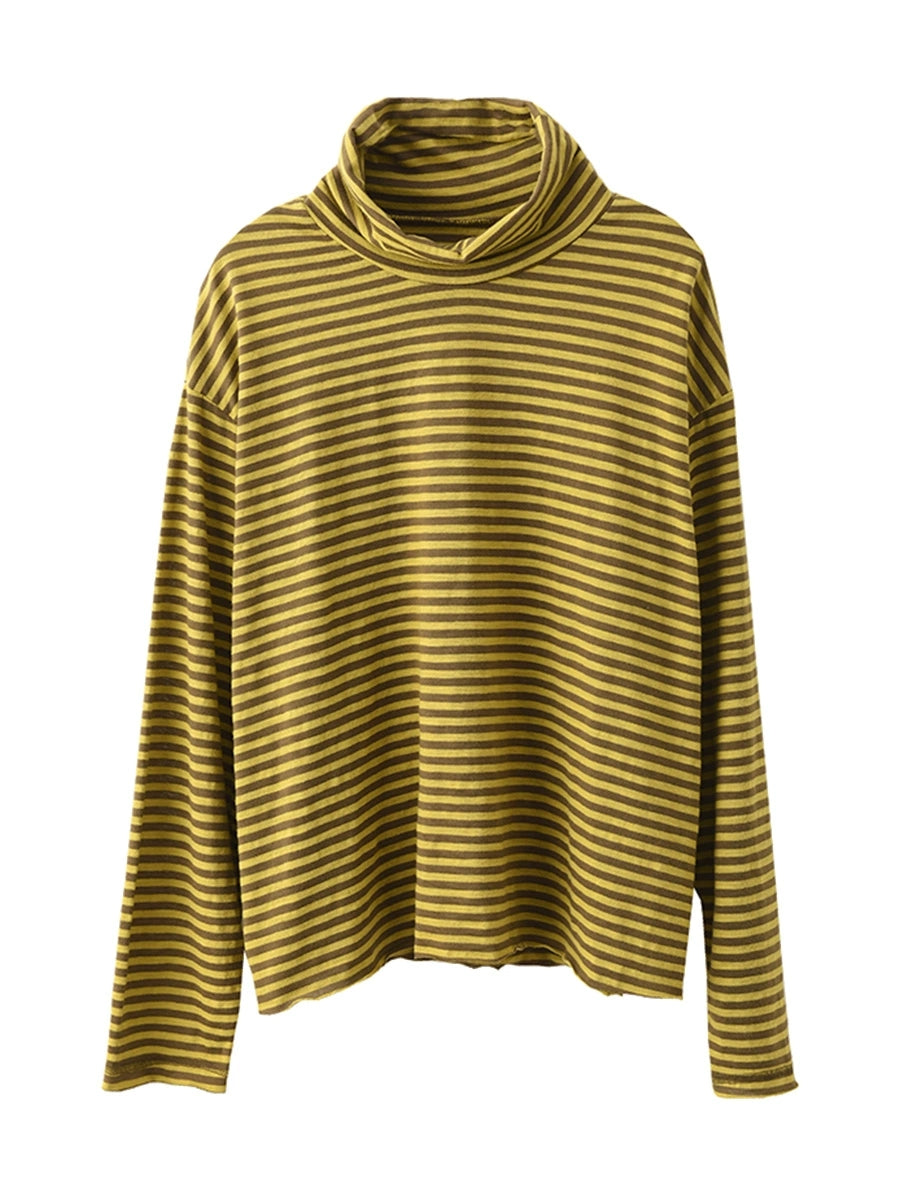 Women Autumn Casual Stripe Turtleneck Cotton Blouse QU029 BK