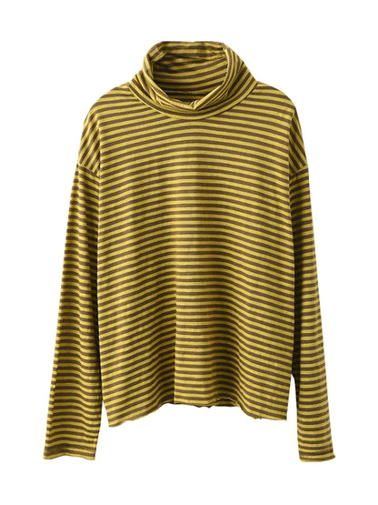 Women Autumn Casual Stripe Turtleneck Cotton Blouse QU029 BK