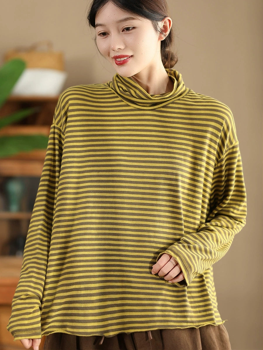 Women Autumn Casual Stripe Turtleneck Cotton Blouse QU029 BK