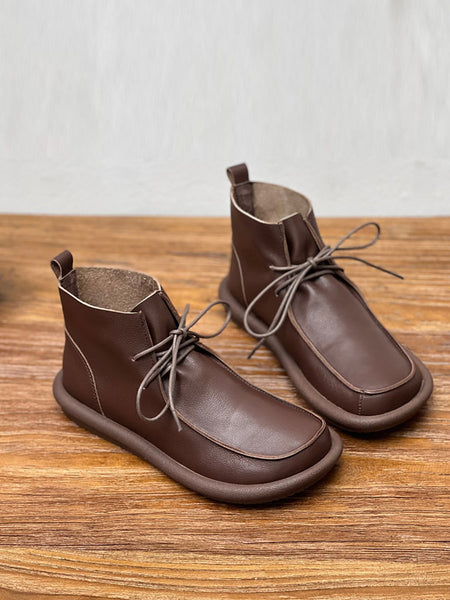 Women Winter Retro Soft Genuine Leather Flat Boots QU015 ZYXY