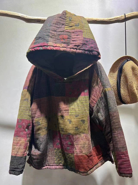 Women Autumn Patchwork Spliced Hooded Cotton Coat QU009 BUYKUD