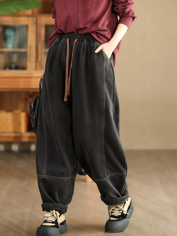 Women Winter Retro Denim Fleece-lined Harem Pants WG002 BK