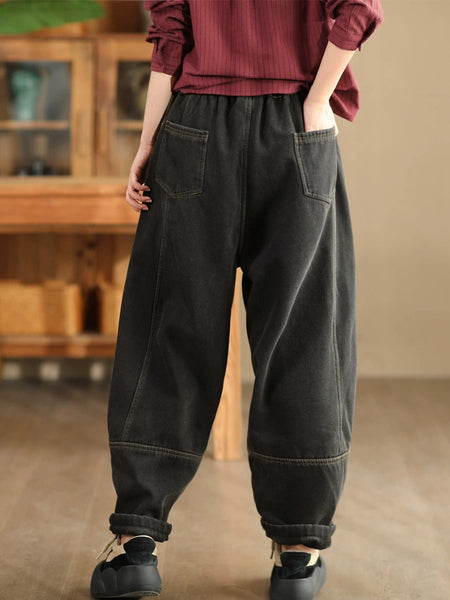 Women Winter Retro Denim Fleece-lined Harem Pants WG002 BK