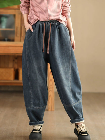 Women Winter Retro Denim Fleece-lined Harem Pants WG002 BK