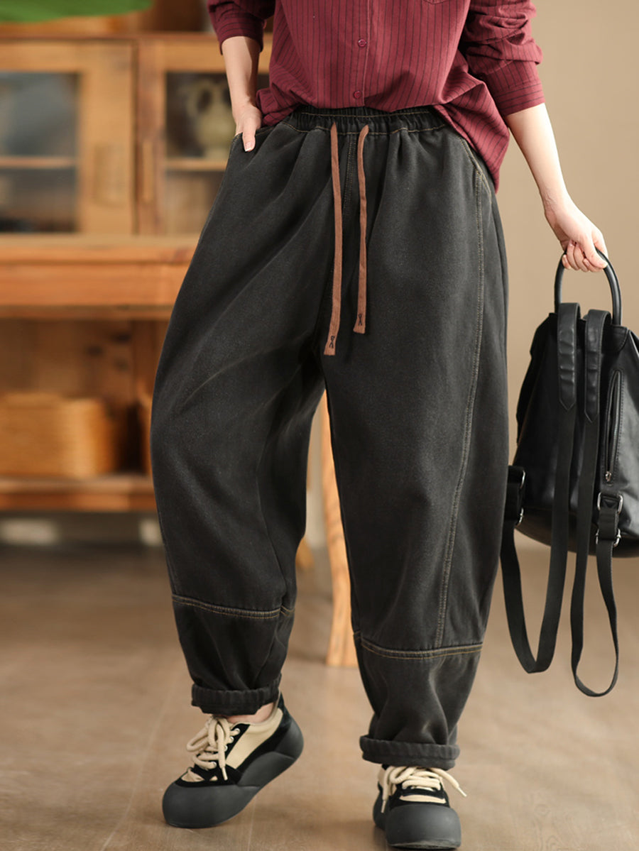 Women Winter Retro Denim Fleece-lined Harem Pants WG002 BK