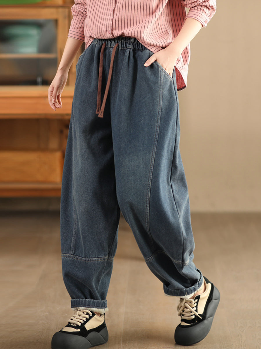 Women Winter Retro Denim Fleece-lined Harem Pants WG002 BK