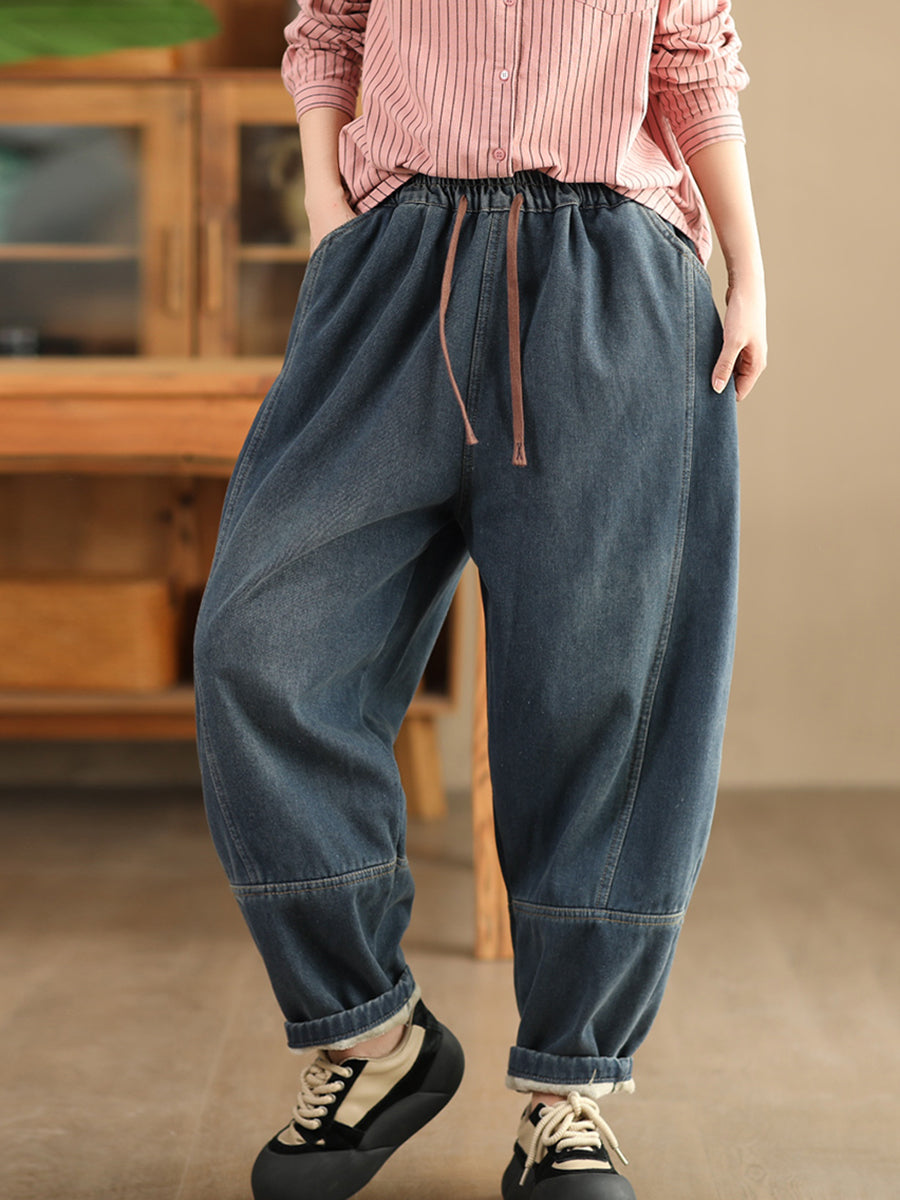 Women Winter Retro Denim Fleece-lined Harem Pants WG002 BK