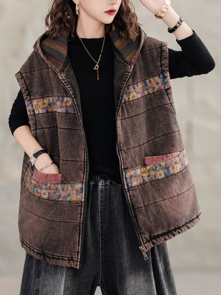 Women Retro Floral Spliced Hooded Cotton Padded Vest Coat WG007 BUYKUD