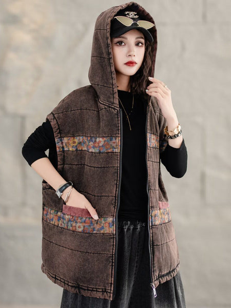 Women Retro Floral Spliced Hooded Cotton Padded Vest Coat WG007 BUYKUD