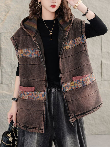Women Retro Floral Spliced Hooded Cotton Padded Vest Coat WG007 BUYKUD