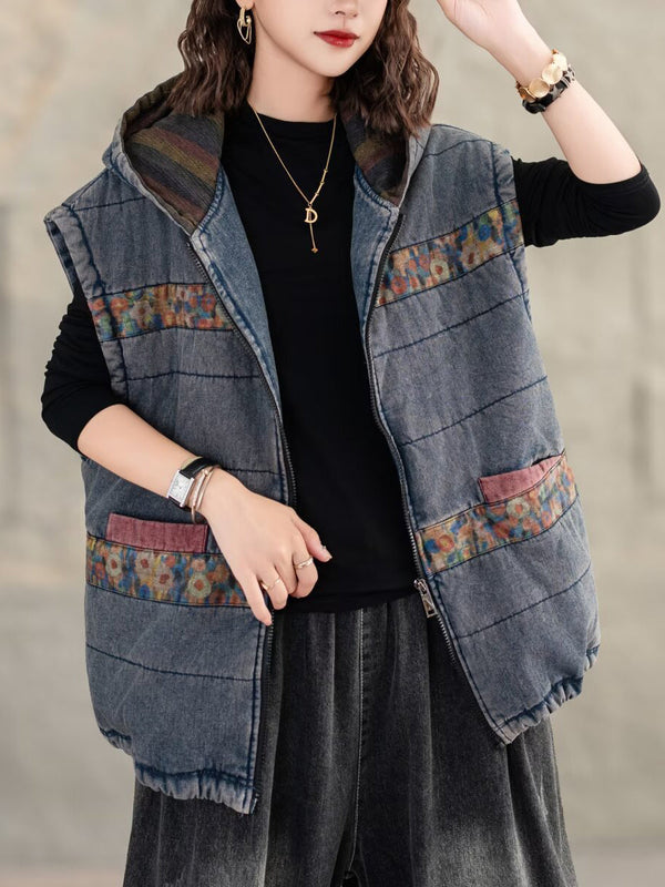 Women Retro Floral Spliced Hooded Cotton Padded Vest Coat WG007 BUYKUD