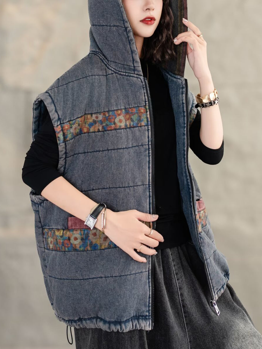 Women Retro Floral Spliced Hooded Cotton Padded Vest Coat WG007 BUYKUD