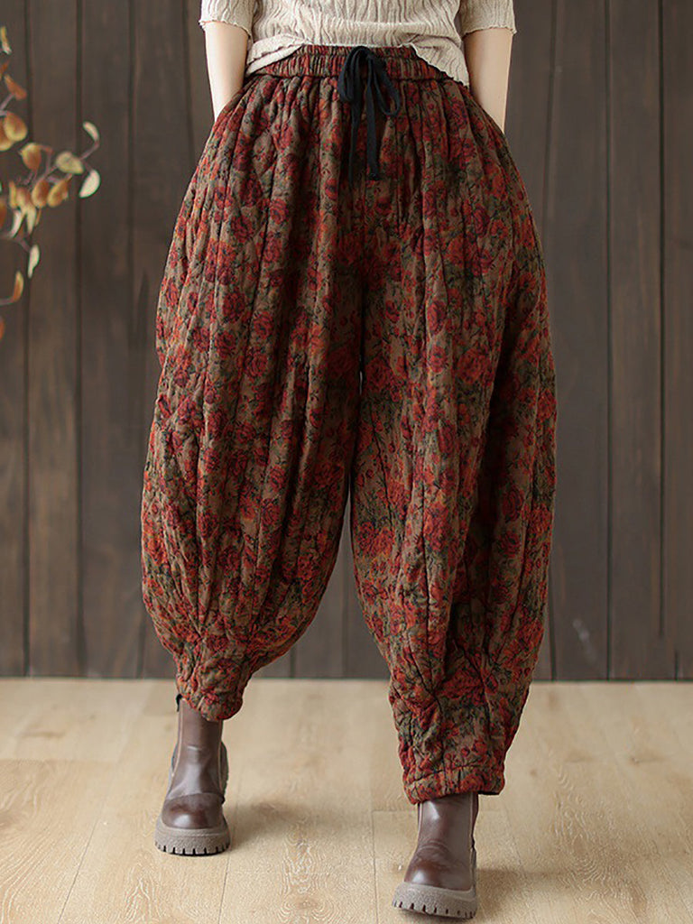 Women Autumn Retro Flower Loose Padded Bloomers WG015 BK