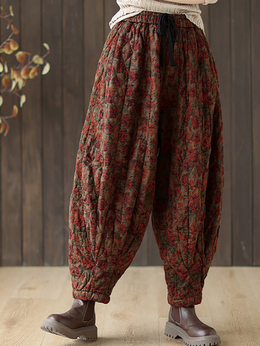 Women Autumn Retro Flower Loose Padded Bloomers WG015 BK