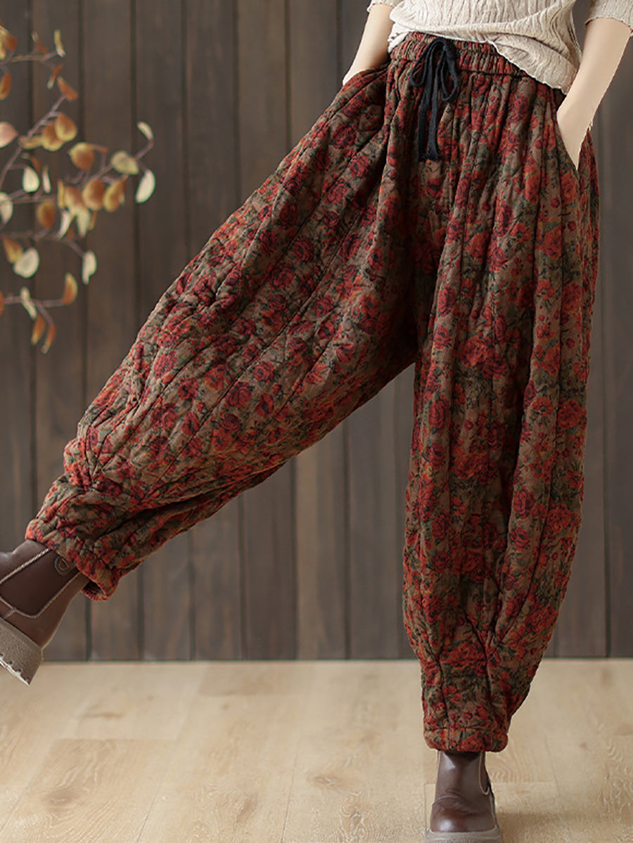 Women Autumn Retro Flower Loose Padded Bloomers WG015 BK