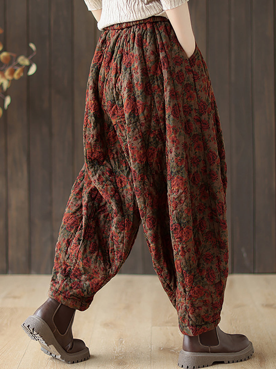 Women Autumn Retro Flower Loose Padded Bloomers WG015 BK