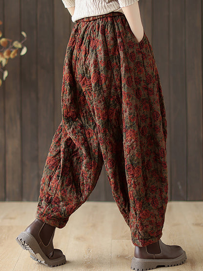 Women Autumn Retro Flower Loose Padded Bloomers WG015 BK