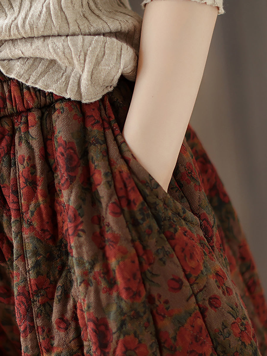 Women Autumn Retro Flower Loose Padded Bloomers WG015 BK