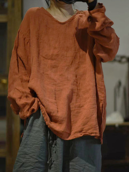 Women Autumn Vintage V-Neck Solid Linen Blouse WG011 BK