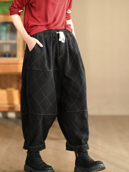 Women Autumn Vintage Solid Rhomboid Cotton Harem Pants WG013 BK