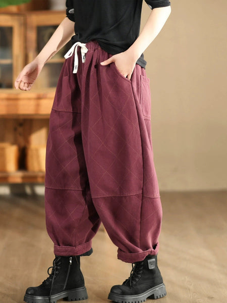 Women Autumn Vintage Solid Rhomboid Cotton Harem Pants WG013 BK