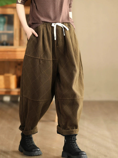 Women Autumn Vintage Solid Rhomboid Cotton Harem Pants WG013 BK
