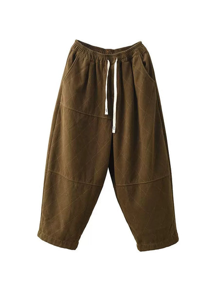 Women Autumn Vintage Solid Rhomboid Cotton Harem Pants WG013 BK