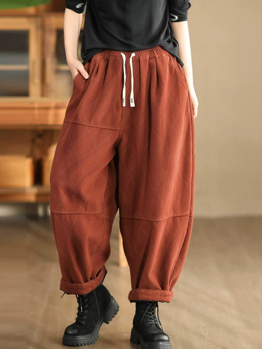 Women Autumn Vintage Solid Rhomboid Cotton Harem Pants WG013 BK