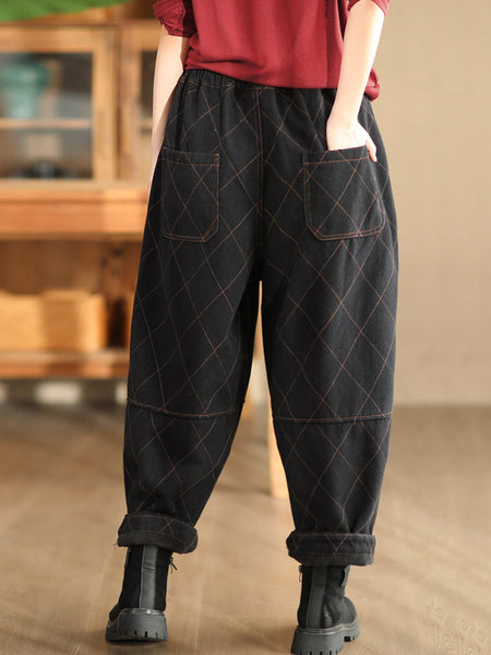 Women Autumn Vintage Solid Rhomboid Cotton Harem Pants WG013 BK