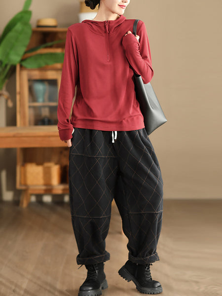 Women Autumn Vintage Solid Rhomboid Cotton Harem Pants WG013 BK