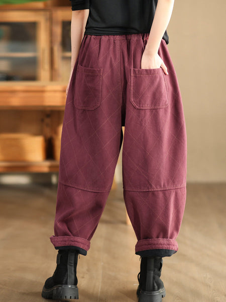 Women Autumn Vintage Solid Rhomboid Cotton Harem Pants WG013 BK