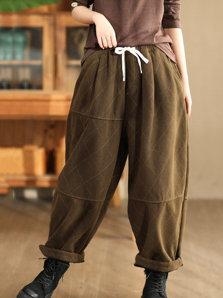 Women Autumn Vintage Solid Rhomboid Cotton Harem Pants WG013 BK