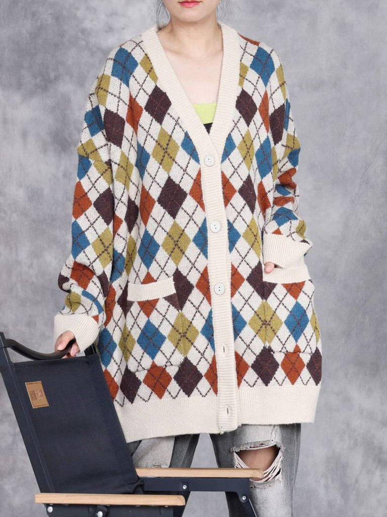 Women Autumn Artsy Rhomboids Cardigan Sweater Coat WG017 BK