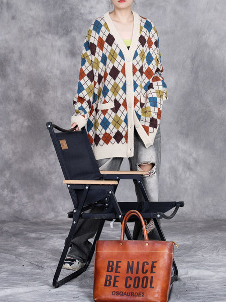 Women Autumn Artsy Rhomboids Cardigan Sweater Coat WG017 BK