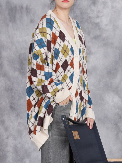 Women Autumn Artsy Rhomboids Cardigan Sweater Coat WG017 BK