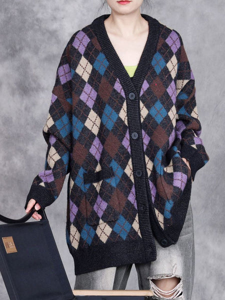 Women Autumn Artsy Rhomboids Cardigan Sweater Coat WG017 BK